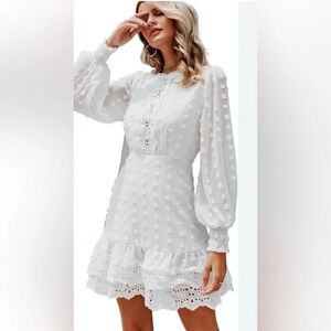 NWT Simplee S Chiffon Lace & Swiss Polka Dot, lantern sleeves & empire waist.